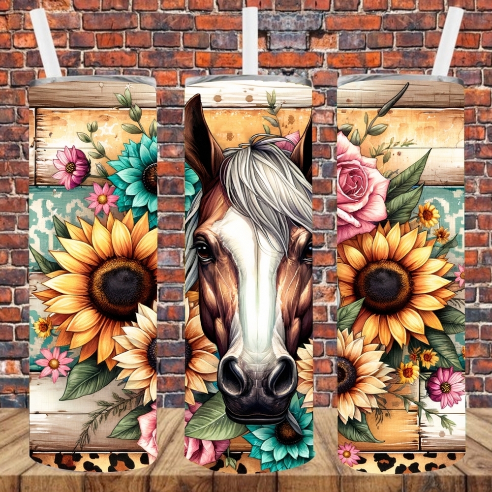 Sublimation Floral Horse Tumbler - Sunflower Yellow, Teal, Pink, Brown